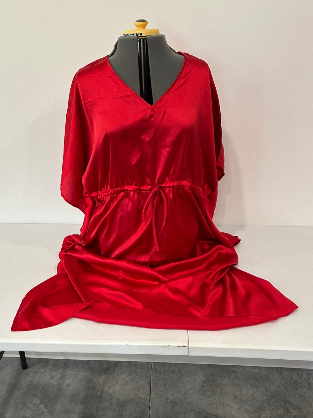 Gypsie Blu Red Satin Flowy Maxi Dress V-Neck Drawstring Waist Boho One Size